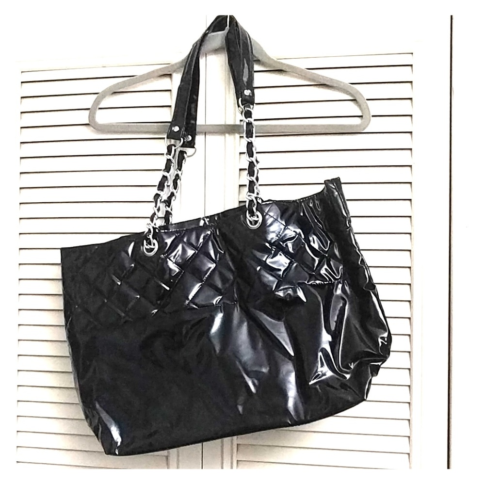 DSW patent leather black large tote with chain